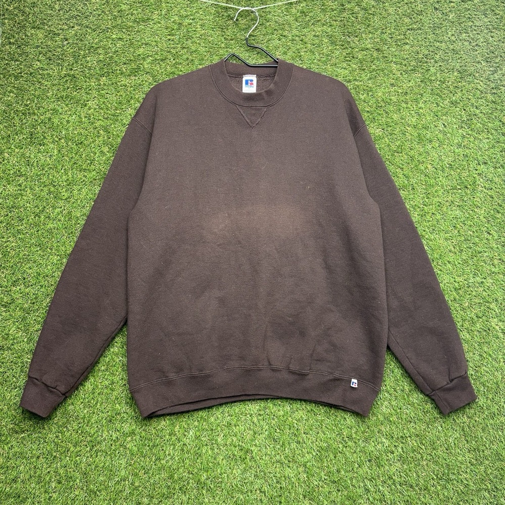 Vintage Y2K Russell Athletic Sweatshirt Mens XL Blank Crewneck Brown USA Made